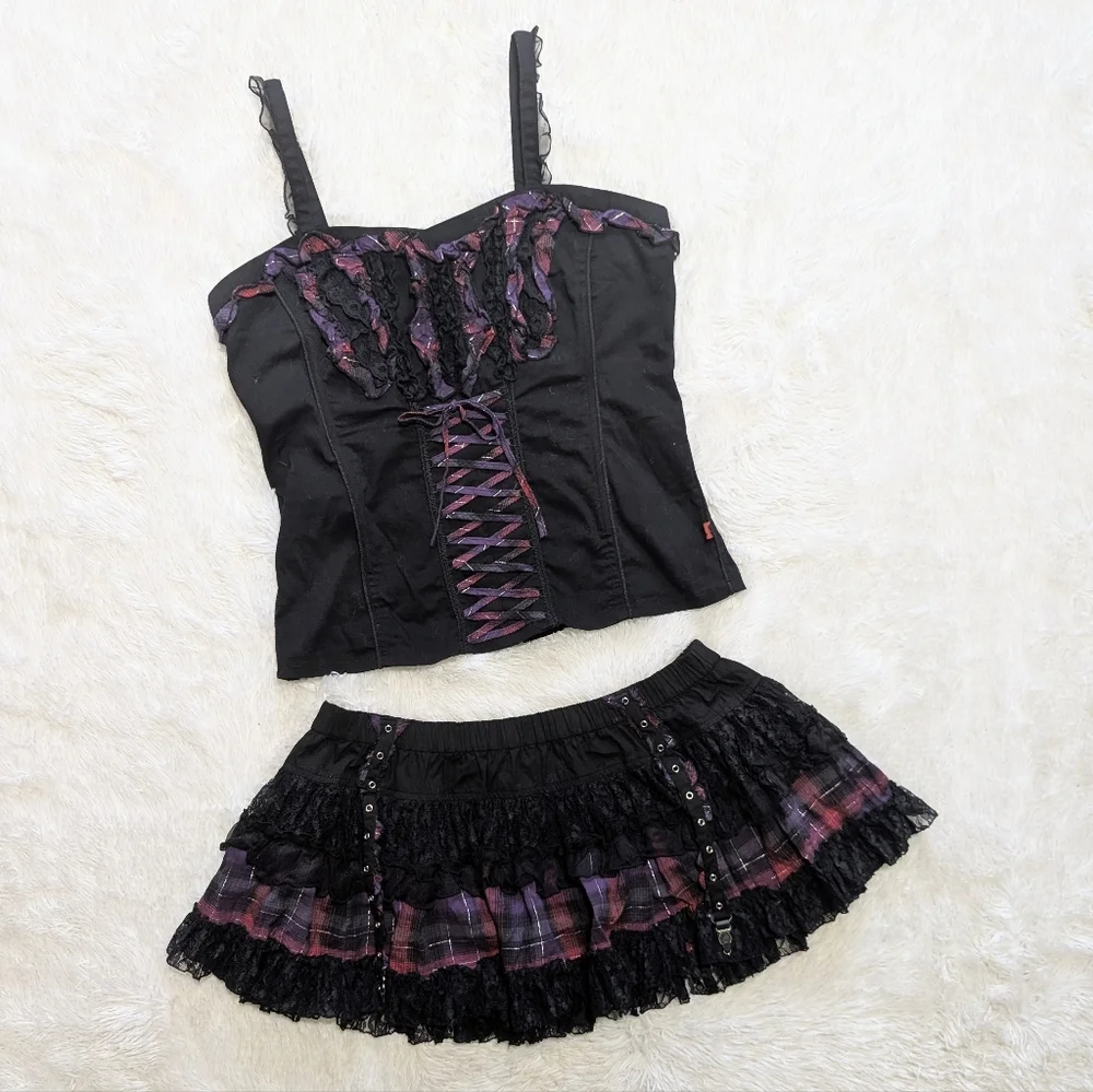 Y2K Vintage Tripp NYC 2 Piece Lace Up Corset & Garter Skirt Set XL/XXL